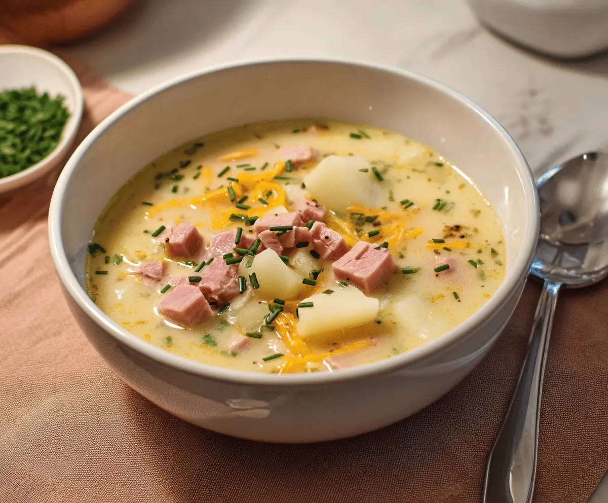 Creamy ham and potato soup garnished with fresh herbs in a bowl, perfect for a hearty meal