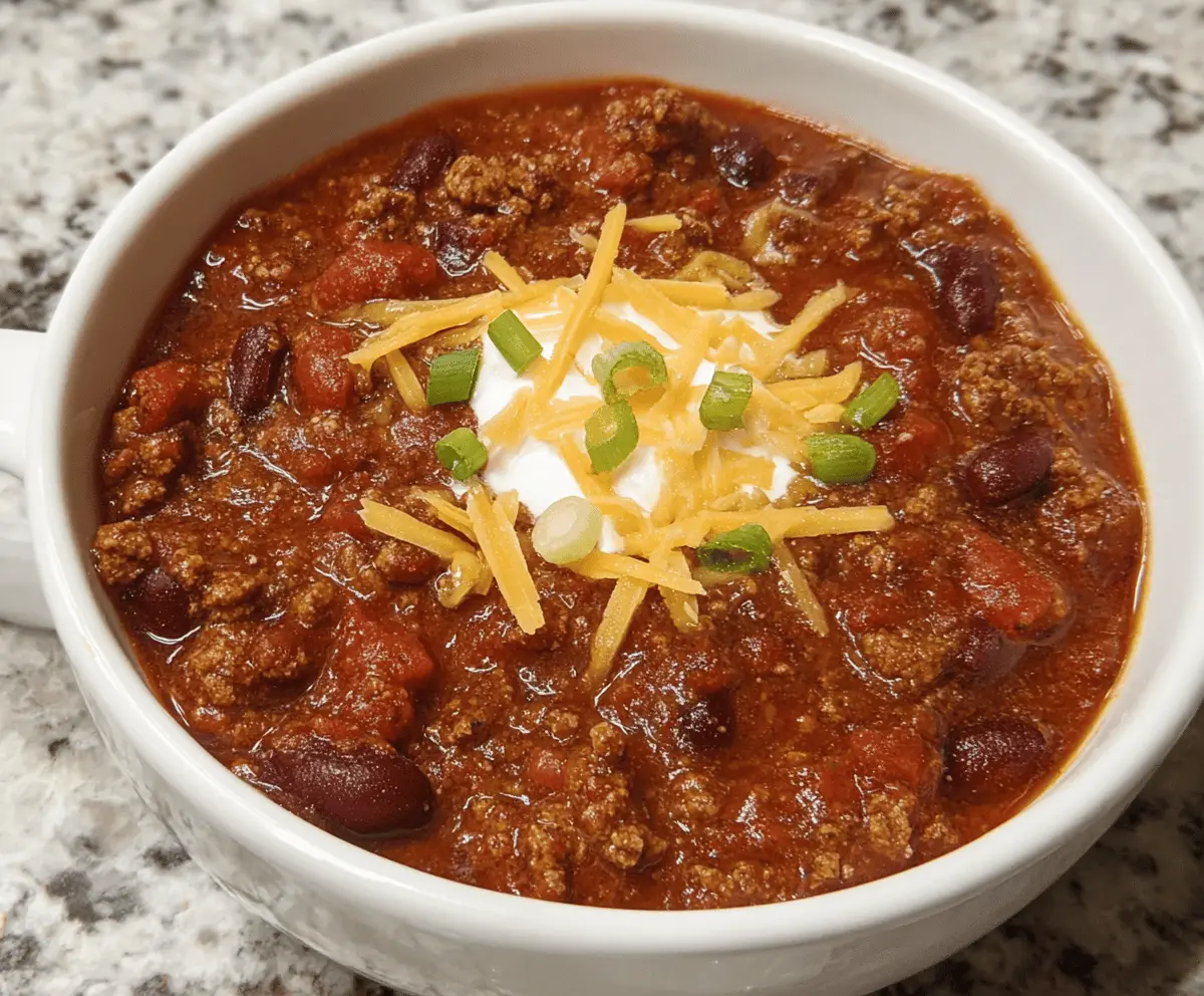 Delicious homemade chili served in a bowl with fresh toppings, perfect for a comforting meal.