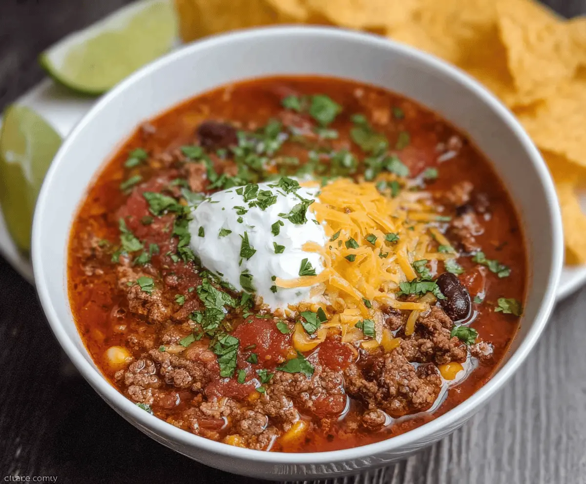 Hearty Instant Pot beef taco soup in a bowl topped with shredded cheese, fresh cilantro, and sour cream, ready to serve.
