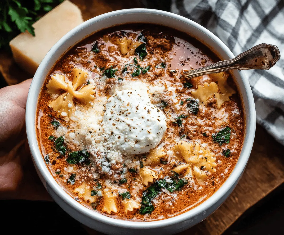 A bowl of hot, cheesy Instant Pot Lasagna Soup garnished with fresh basil and grated Parmesan cheese, served in a white bowl with a spoon on a rustic wooden table.