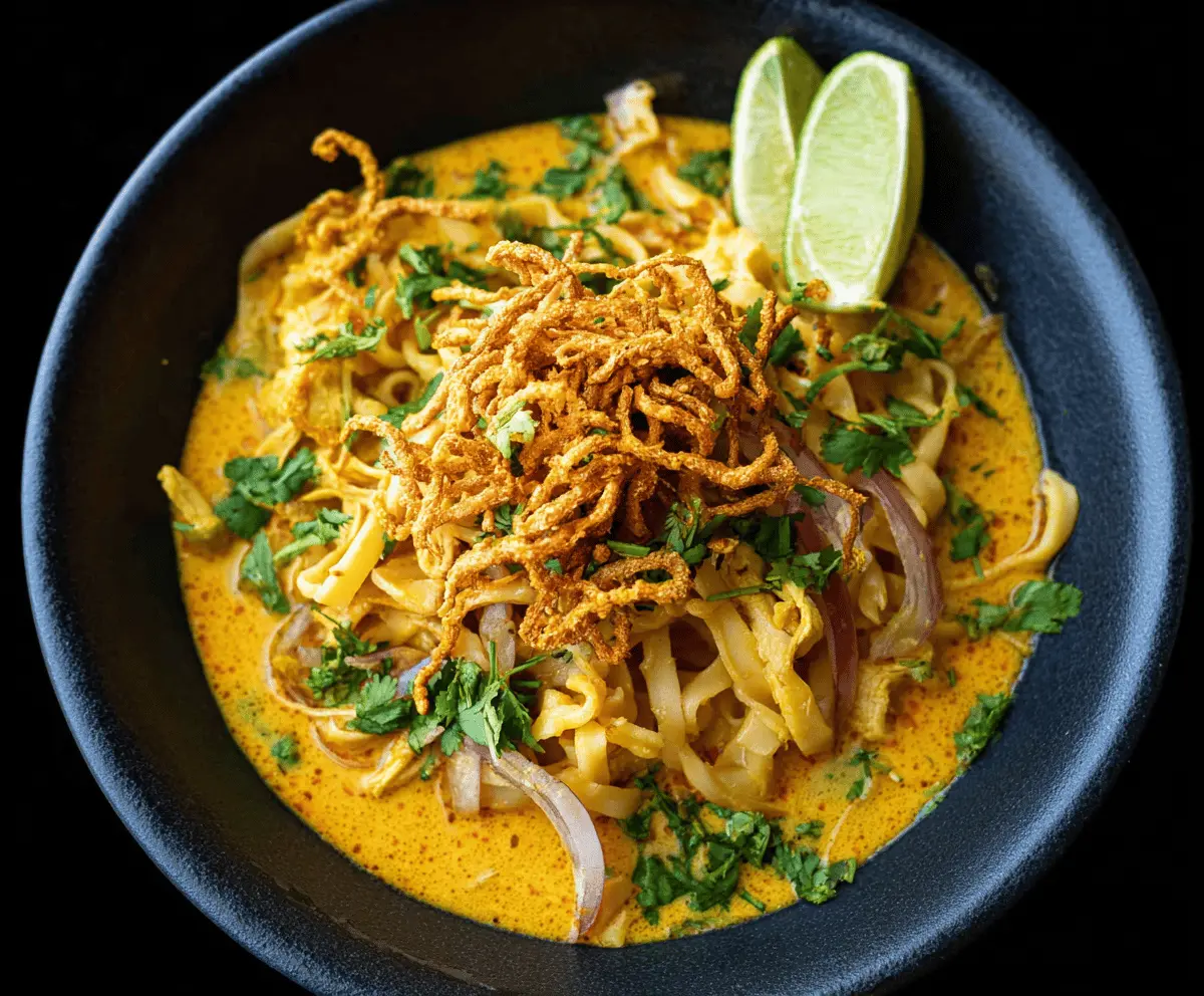 Creamy Khao Soi bowl featuring tender chicken, crispy egg noodles, pickled mustard greens, lime wedges, and fresh herbs in a flavorful coconut curry broth.