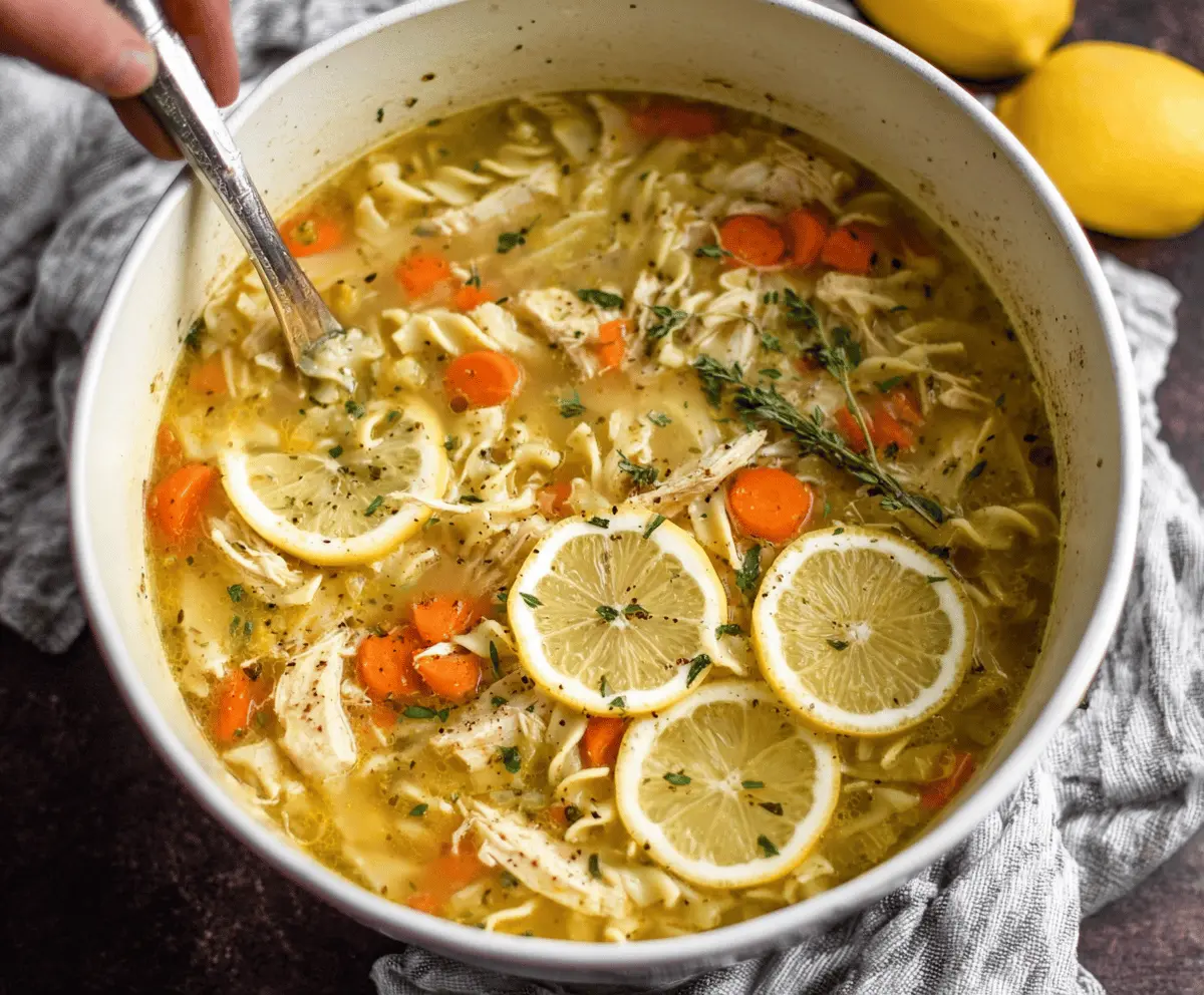 A bowl of steaming Lemon Pepper Chicken Noodle Soup topped with fresh herbs and lemon slices, showcasing tender chicken, noodles, and vibrant citrus flavors.