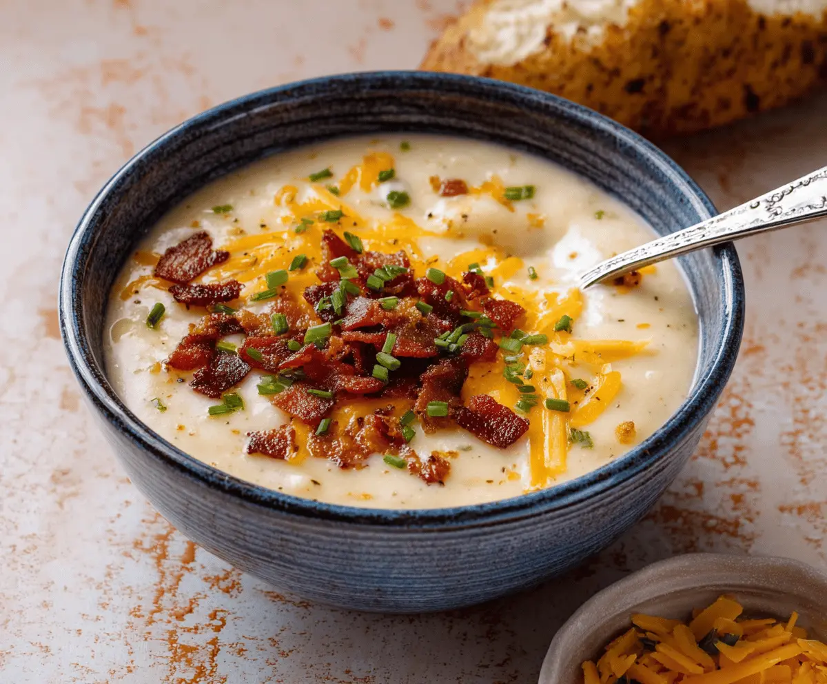 Creamy loaded potato soup topped with crispy bacon, shredded cheese, green onions, and sour cream in a bowl.