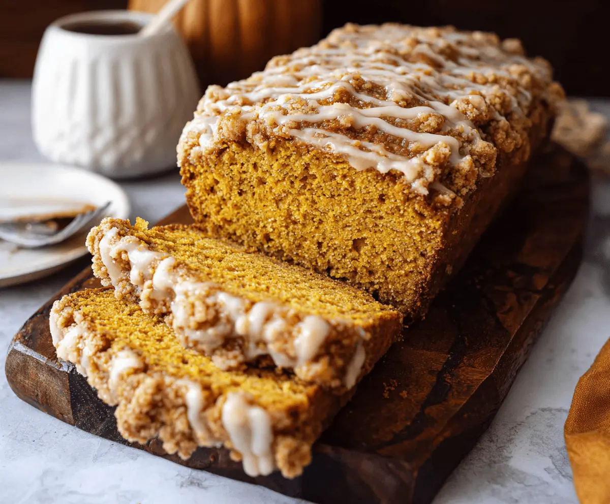 Delicious slices of Maple-Glazed Streusel Pumpkin Bread topped with a crunchy streusel crust and drizzled with maple glaze, ready to serve