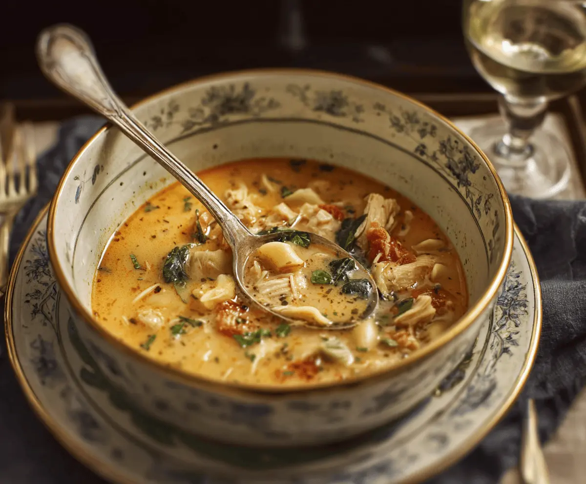 Creamy Marry Me Chicken Soup with tender chicken, fresh herbs, and rich broth in a bowl