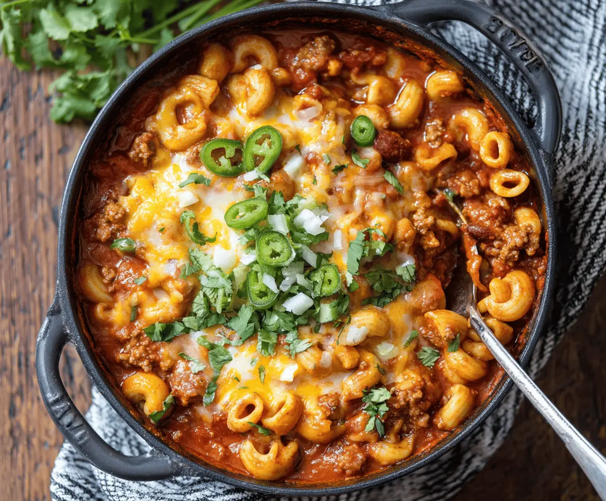 Creamy one-pot chili mac and cheese served in a bowl with melted cheese, ground beef, and garnished with chopped green onions, perfect for a comforting and hearty meal.