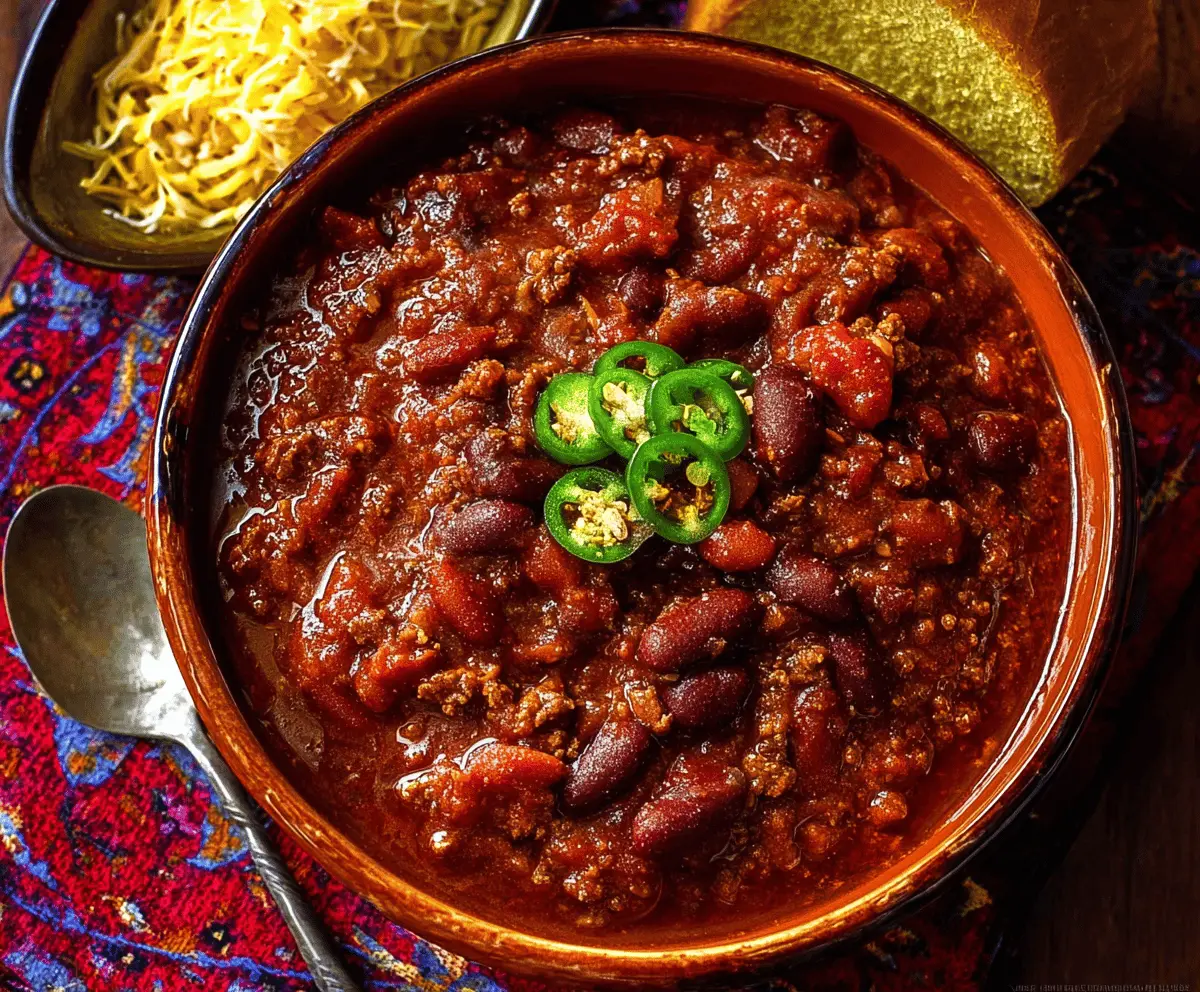 A delicious homemade one-pot chili featuring seasoned ground meat, beans, tomatoes, and spices served in a bowl with fresh toppings.