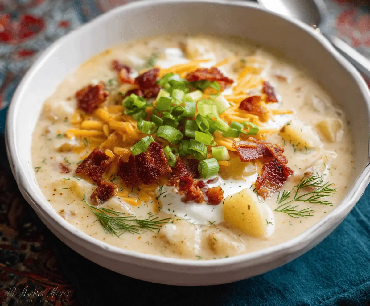Creamy one-pot potato soup garnished with fresh herbs, served in a rustic bowl, perfect for a comforting meal