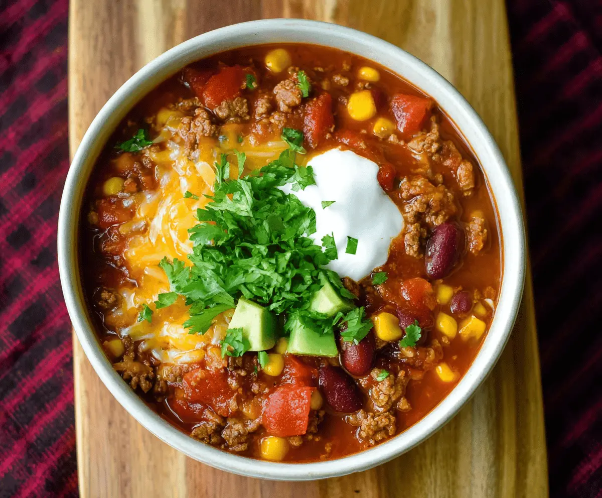 A bowl of hearty One-Pot Taco Soup topped with shredded cheese, sour cream, and fresh cilantro, served in a rustic bowl with a spoon on a wooden table.