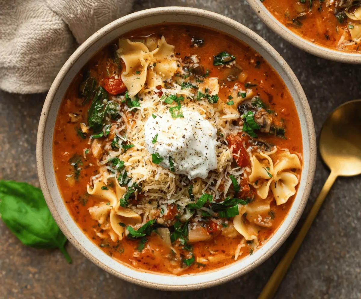 Creamy one-pot vegetarian lasagna soup with layers of pasta, fresh vegetables, and melted cheese served in a bowl.