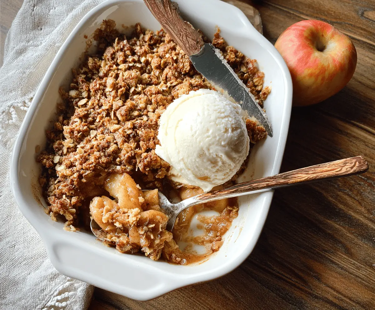 Delicious Paleo Apple Crisp topped with cinnamon and chopped nuts, served in a rustic ceramic dish.
