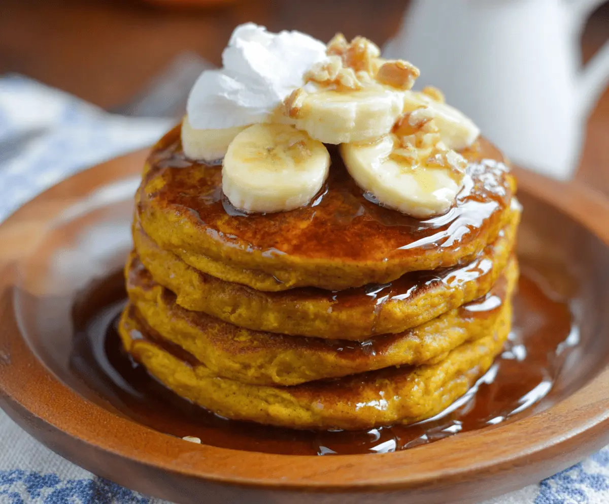 Delicious homemade pumpkin banana pancakes topped with syrup and fresh fruit, perfect for a cozy breakfast