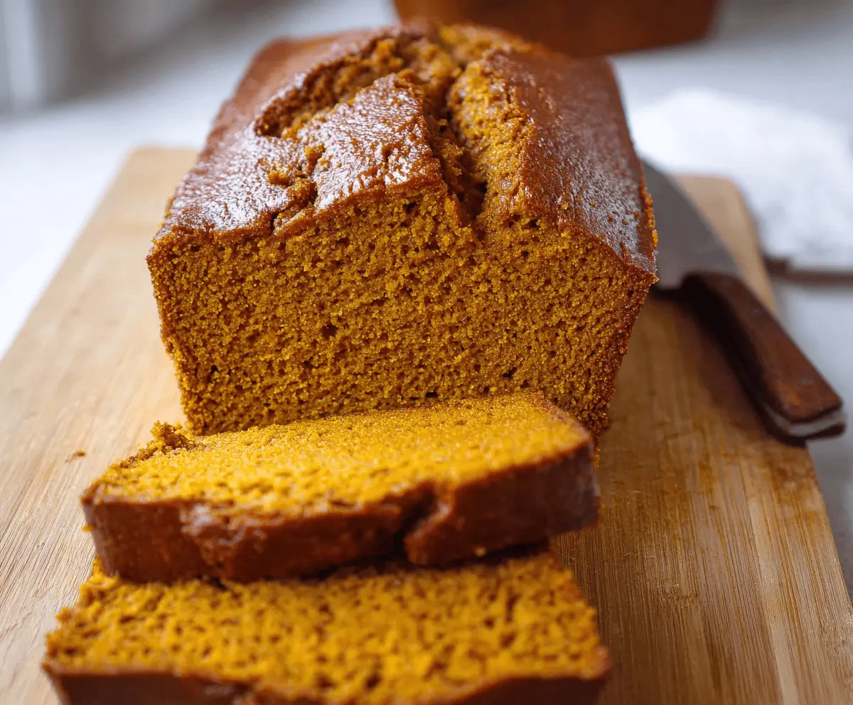 Homemade moist pumpkin bread sliced and ready to serve, topped with a dusting of powdered sugar and surrounded by autumn leaves