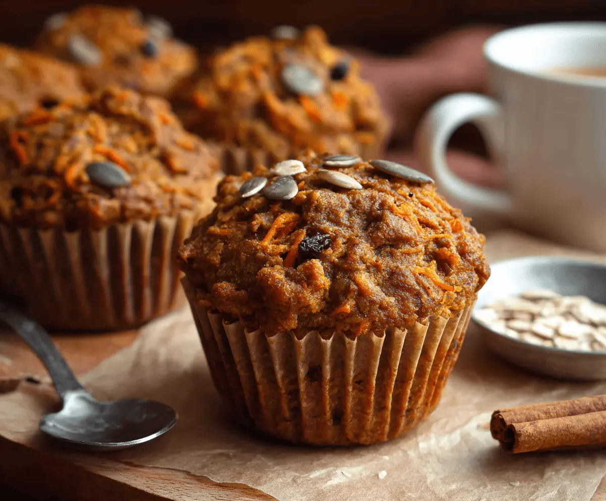 Delicious homemade pumpkin carrot muffins with orange glaze on a rustic plate, featuring fresh pumpkin and carrots in the background.