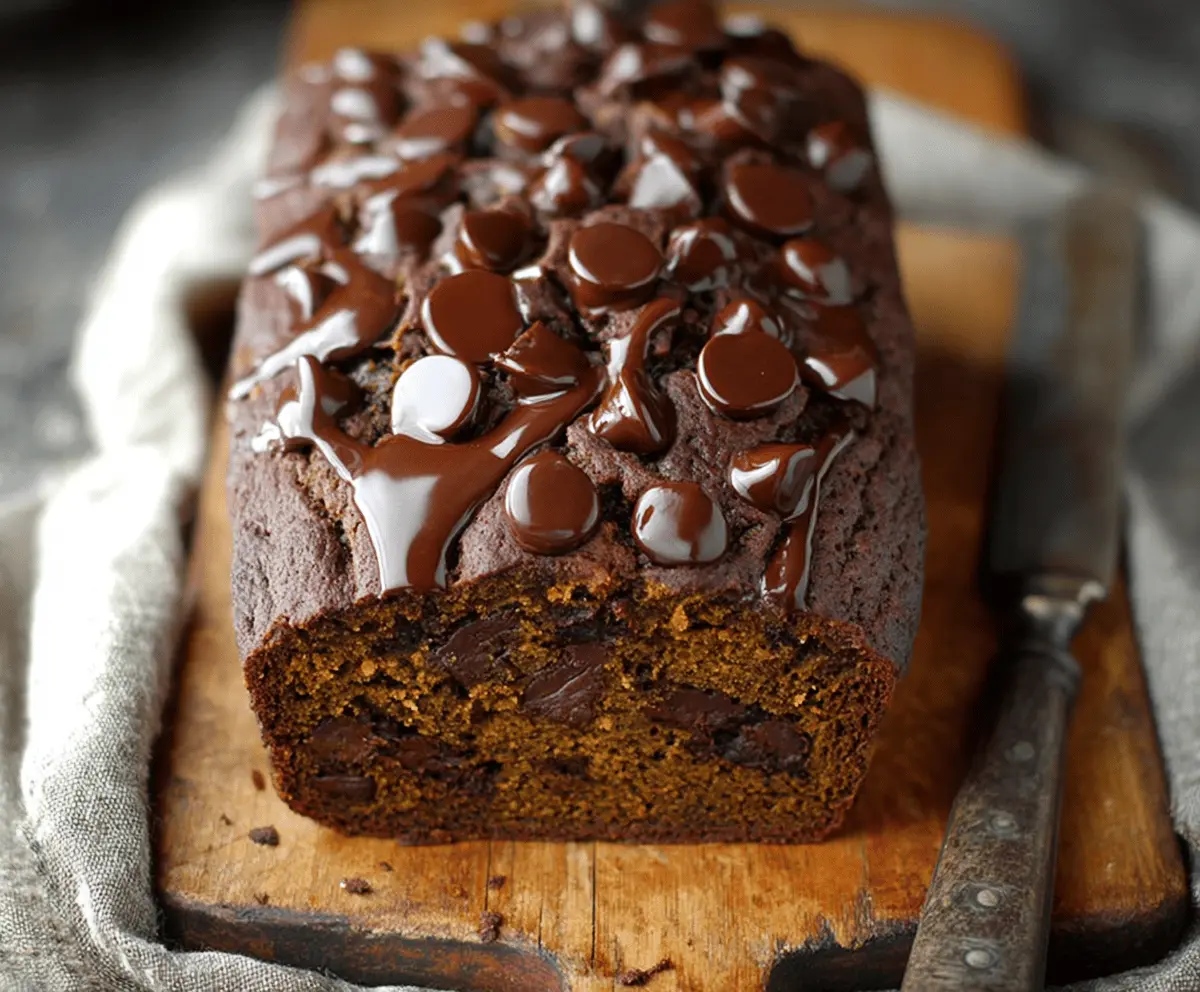 Delicious homemade pumpkin chocolate bread sliced and ready to enjoy, showcasing a moist texture with chocolate chips and a festive fall flavor