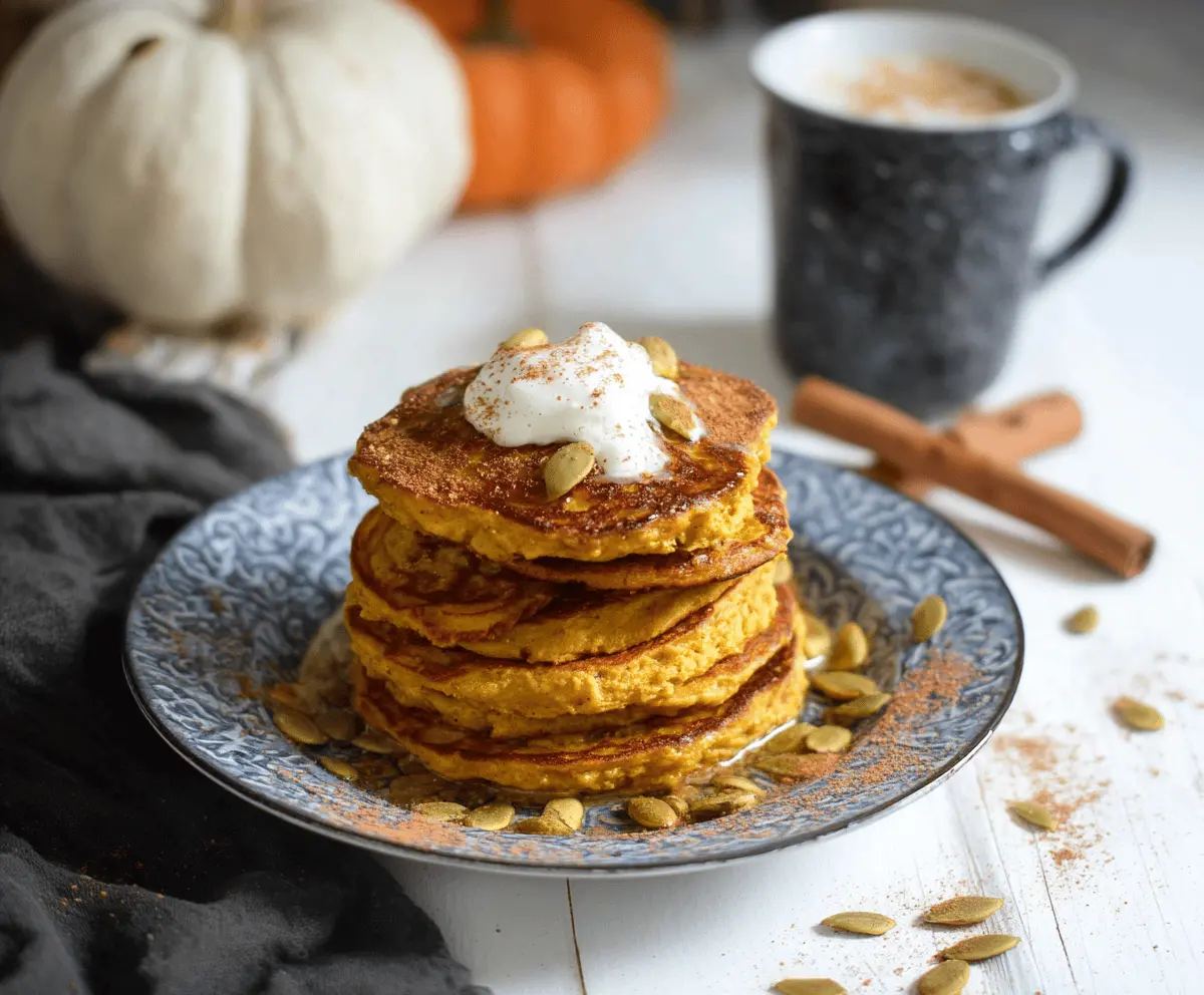 Delicious pumpkin cottage cheese pancakes topped with warm spices, served with a drizzle of honey and fresh herbs for a cozy breakfast option.