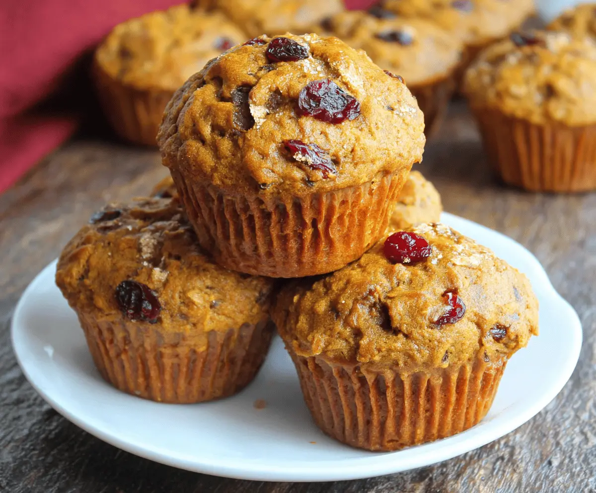 Freshly baked pumpkin cranberry muffins on a rustic wooden surface, showcasing moist orange and red muffins with cranberries and pumpkin seeds on top.