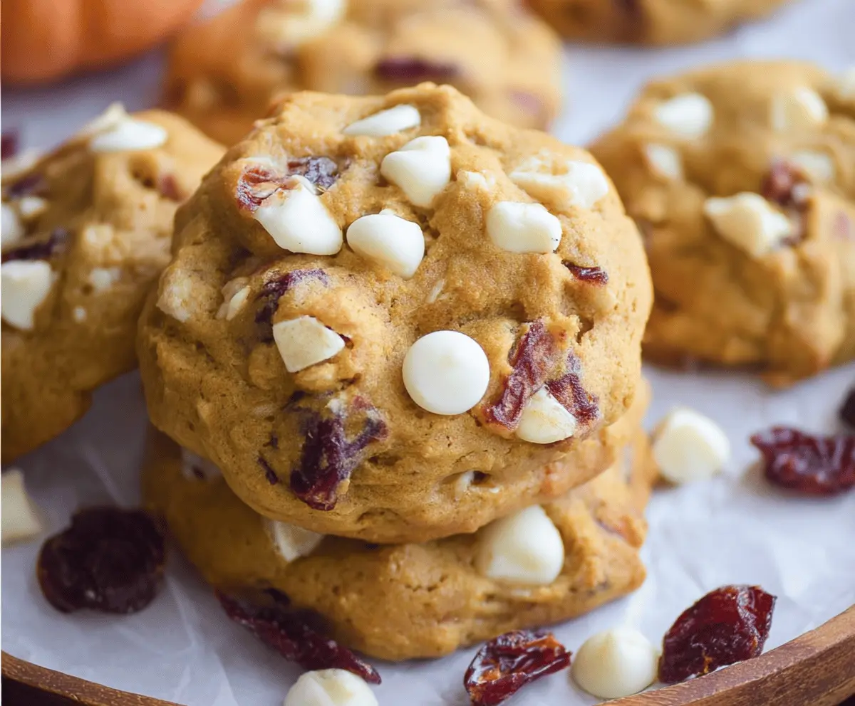 Freshly baked Pumpkin Cranberry White Chocolate Cookies on a baking tray with fall-themed decorations, perfect for holiday desserts.