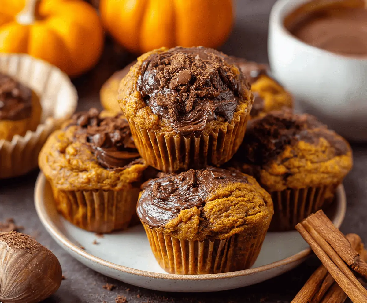 Delicious homemade Pumpkin Nutella Muffins topped with chopped nuts and a swirl of Nutella, perfect for fall baking