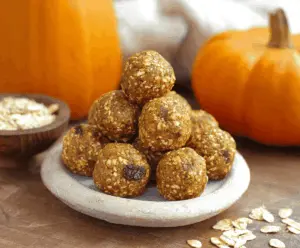 Healthy Pumpkin Oat Protein Balls on a white plate, featuring oats, pumpkin puree, and protein powder for a nutritious snack