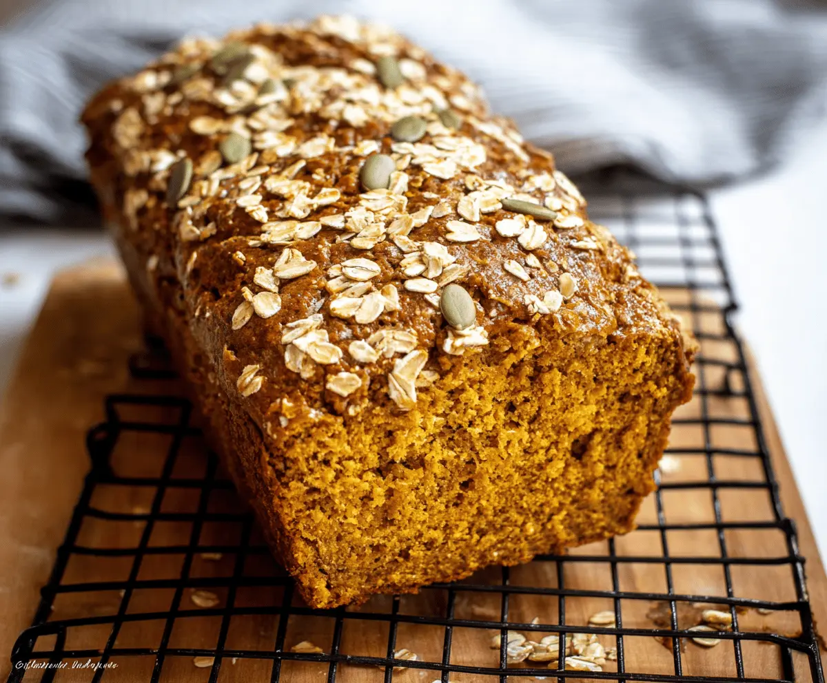 Homemade Pumpkin Oatmeal Bread sliced for breakfast on a wooden cutting board with fresh pumpkin and oats, showcasing a moist, hearty, and nutritious bread perfect for autumn mornings.