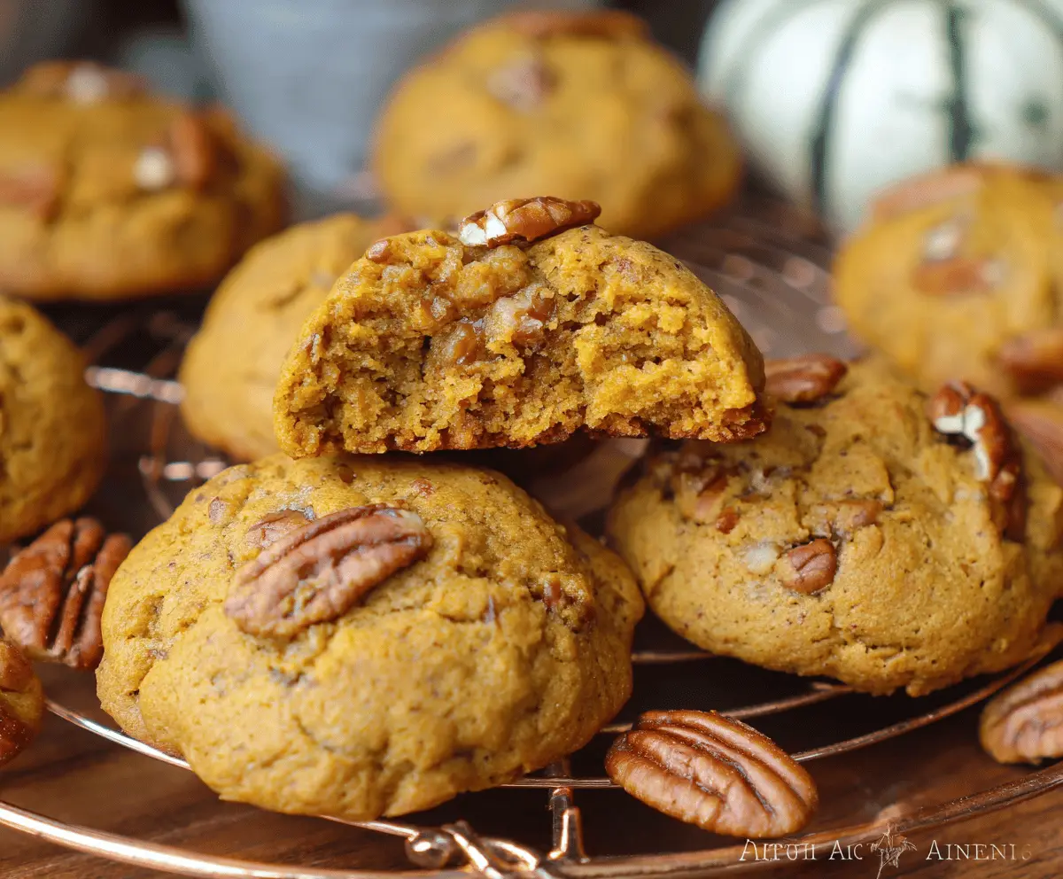 Delicious homemade pumpkin pecan cookies with a golden-brown exterior and crunchy pecan topping, perfect for fall treats