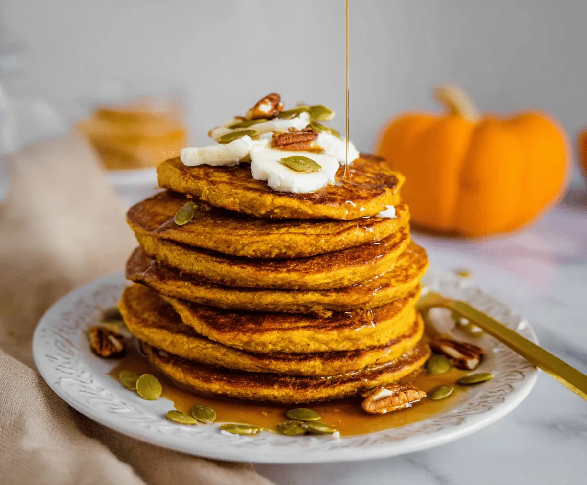 Fluffy pumpkin protein pancakes topped with whipped cream and cinnamon, served on a plate with fresh fall leaves in the background
