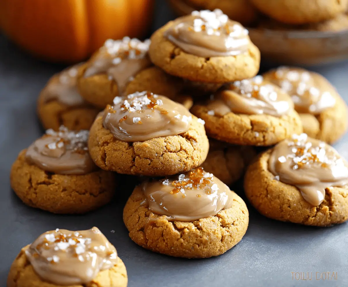 Delicious Pumpkin Salted Caramel Cookies with golden-brown edges and a gooey caramel center, topped with a sprinkle of sea salt, perfect for fall treats