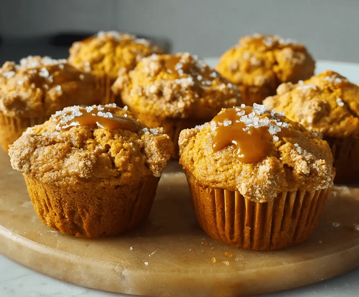 Delicious Pumpkin Salted Caramel Muffins topped with caramel drizzle and a sprinkle of sea salt, perfect for fall desserts
