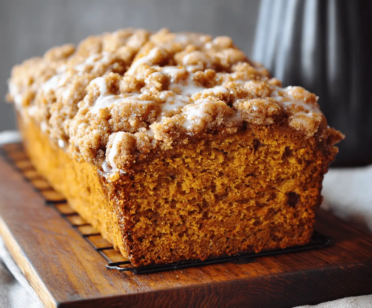Delicious homemade Pumpkin Streusel Bread topped with crunchy streusel crumb and a slice revealing moist pumpkin-flavored interior, perfect for fall baking.