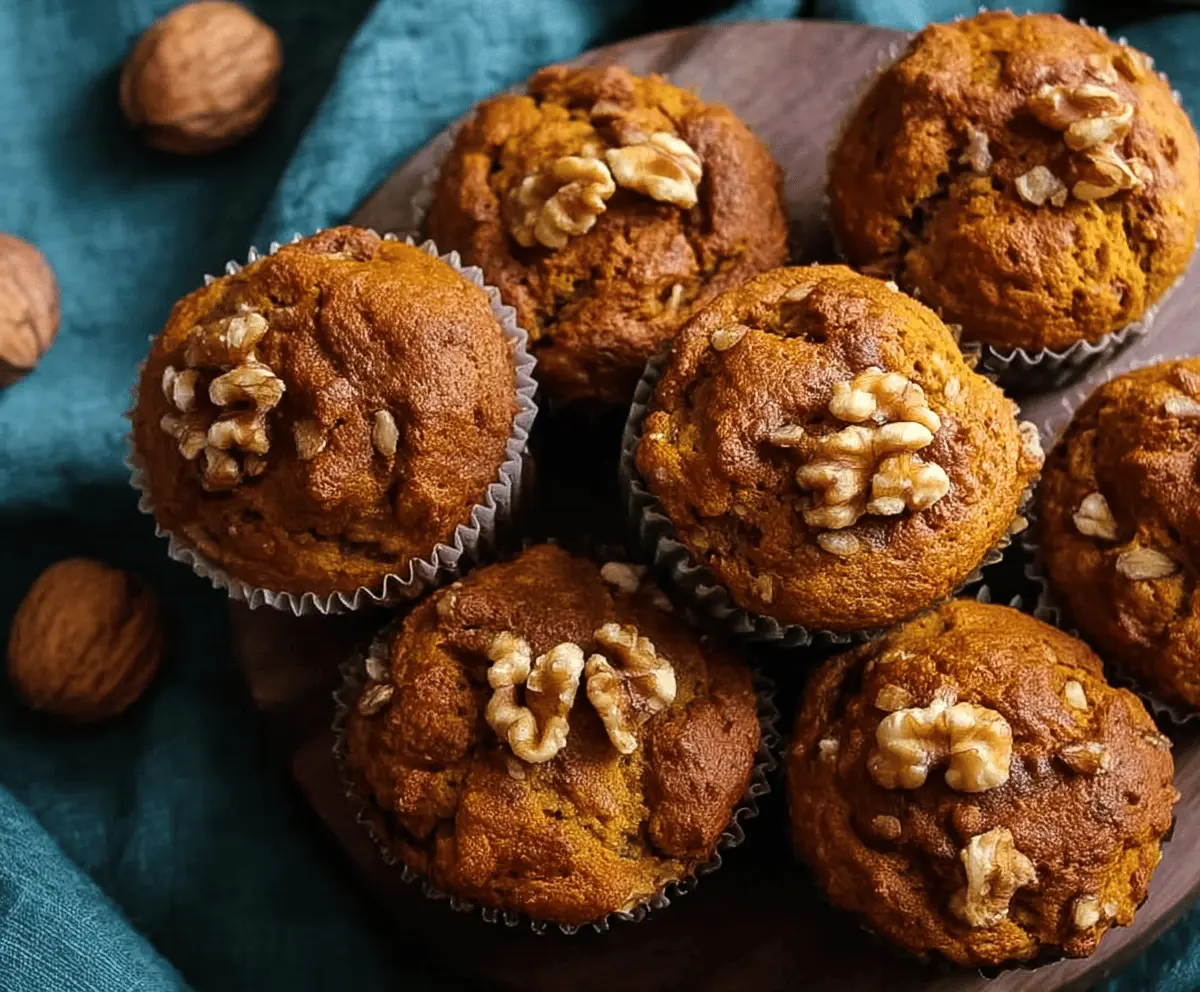 Delicious homemade pumpkin walnut muffins topped with walnuts, perfect for a fall breakfast or snack.