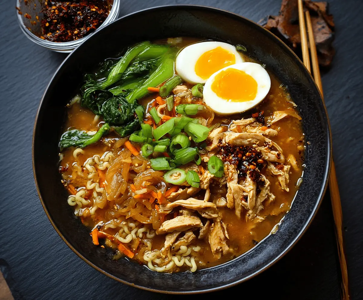 Creamy chicken ramen noodle soup with tender chicken, flavorful broth, and fresh vegetables in a bowl