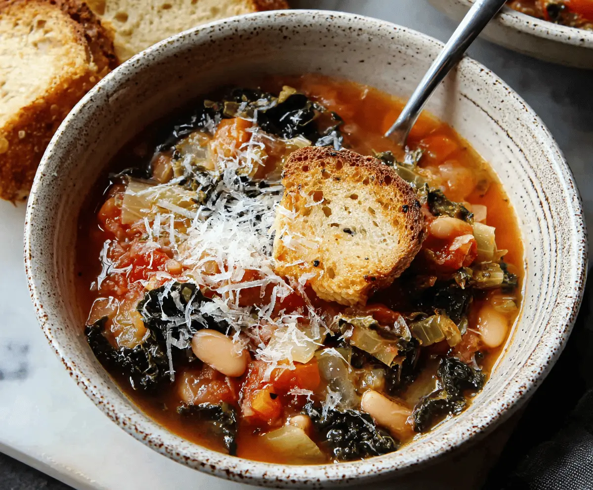 Hearty traditional Ribollita soup featuring fresh vegetables, beans, and rustic bread served in a rustic bowl