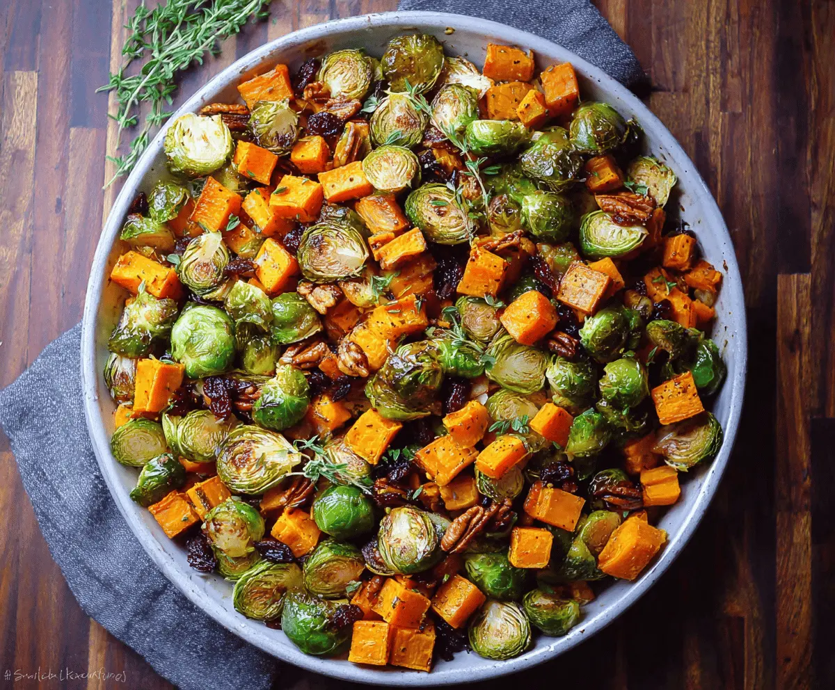 Delicious roasted Brussels sprouts and sweet potatoes served on a plate, highlighting a healthy, colorful vegetable side dish.