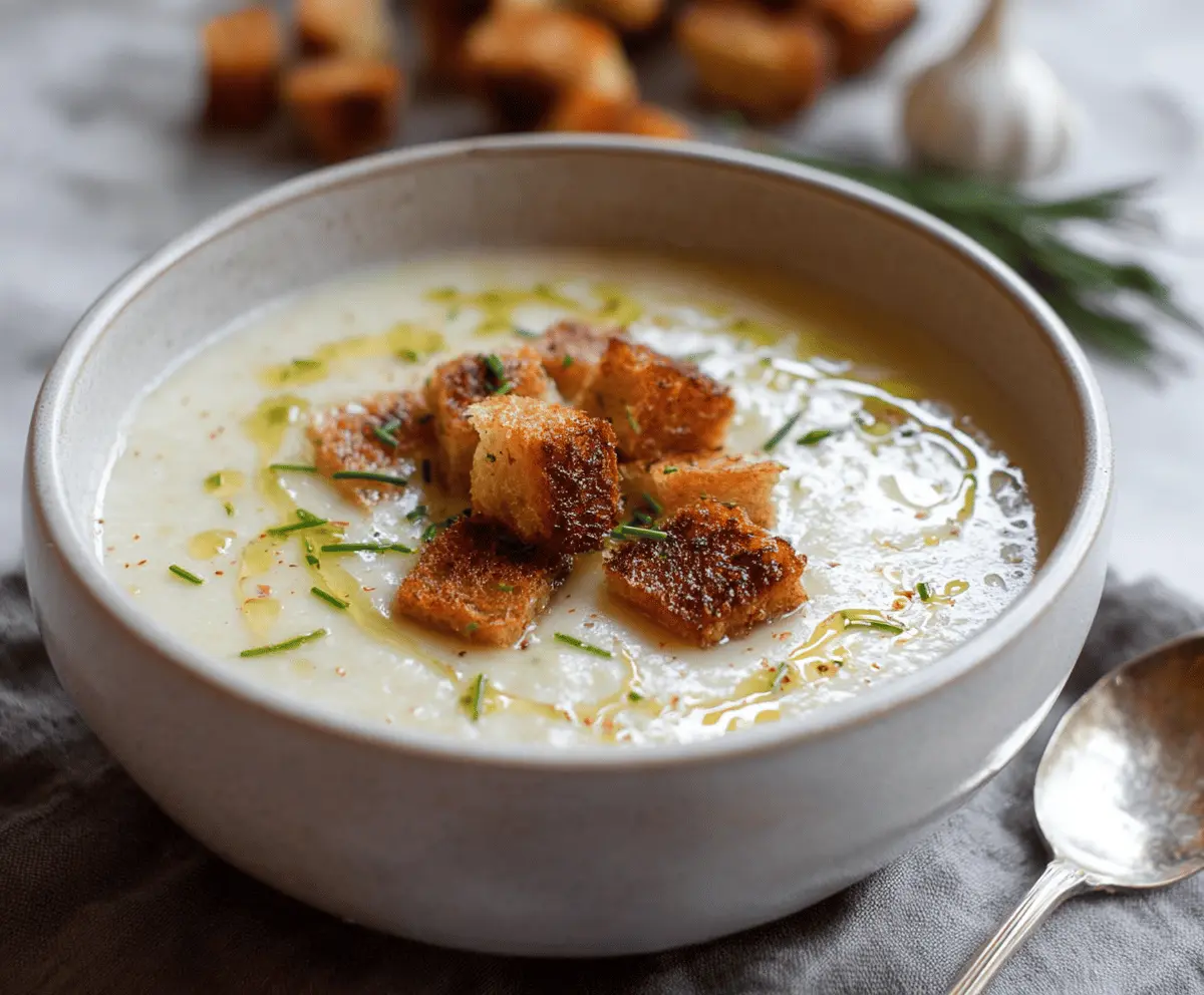 Creamy roasted garlic potato soup served in a bowl, garnished with fresh herbs and topped with a swirl of cream