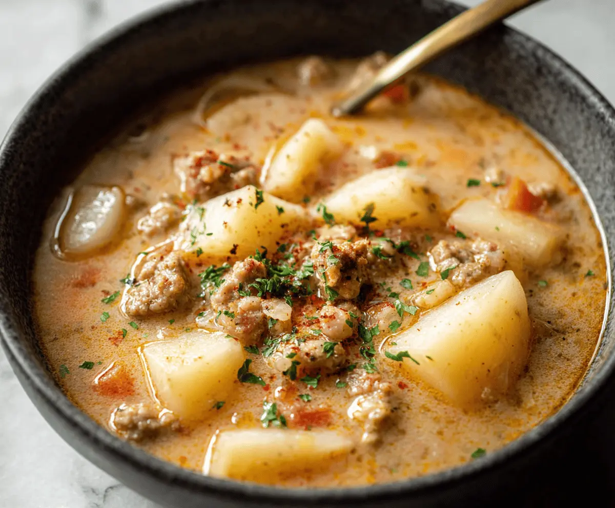 Creamy sausage potato soup served in a bowl with fresh herbs, perfect for a hearty and comforting meal.