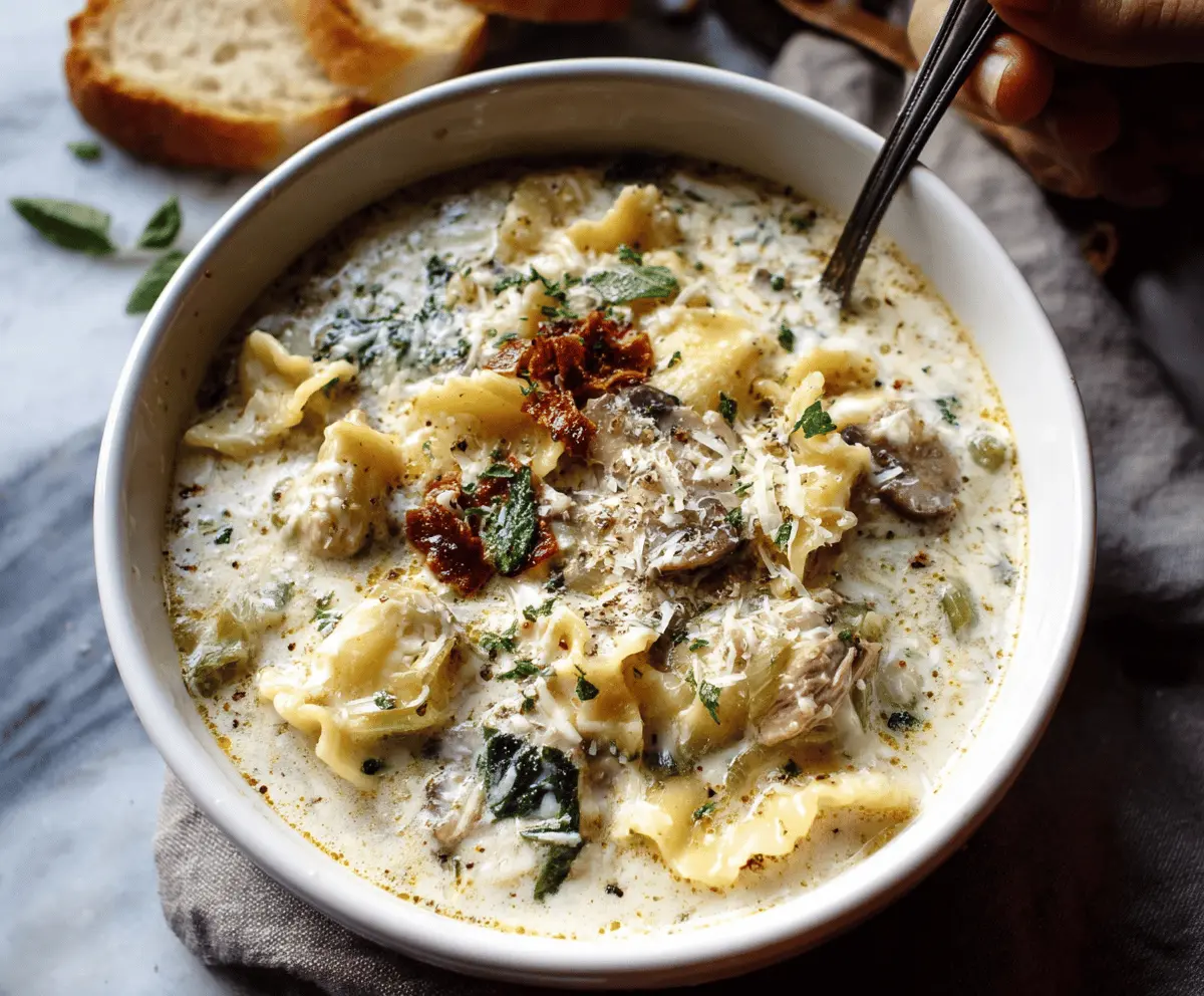 Creamy white lasagna soup with melted cheese, spinach, and pasta in a slow cooker, ready to serve