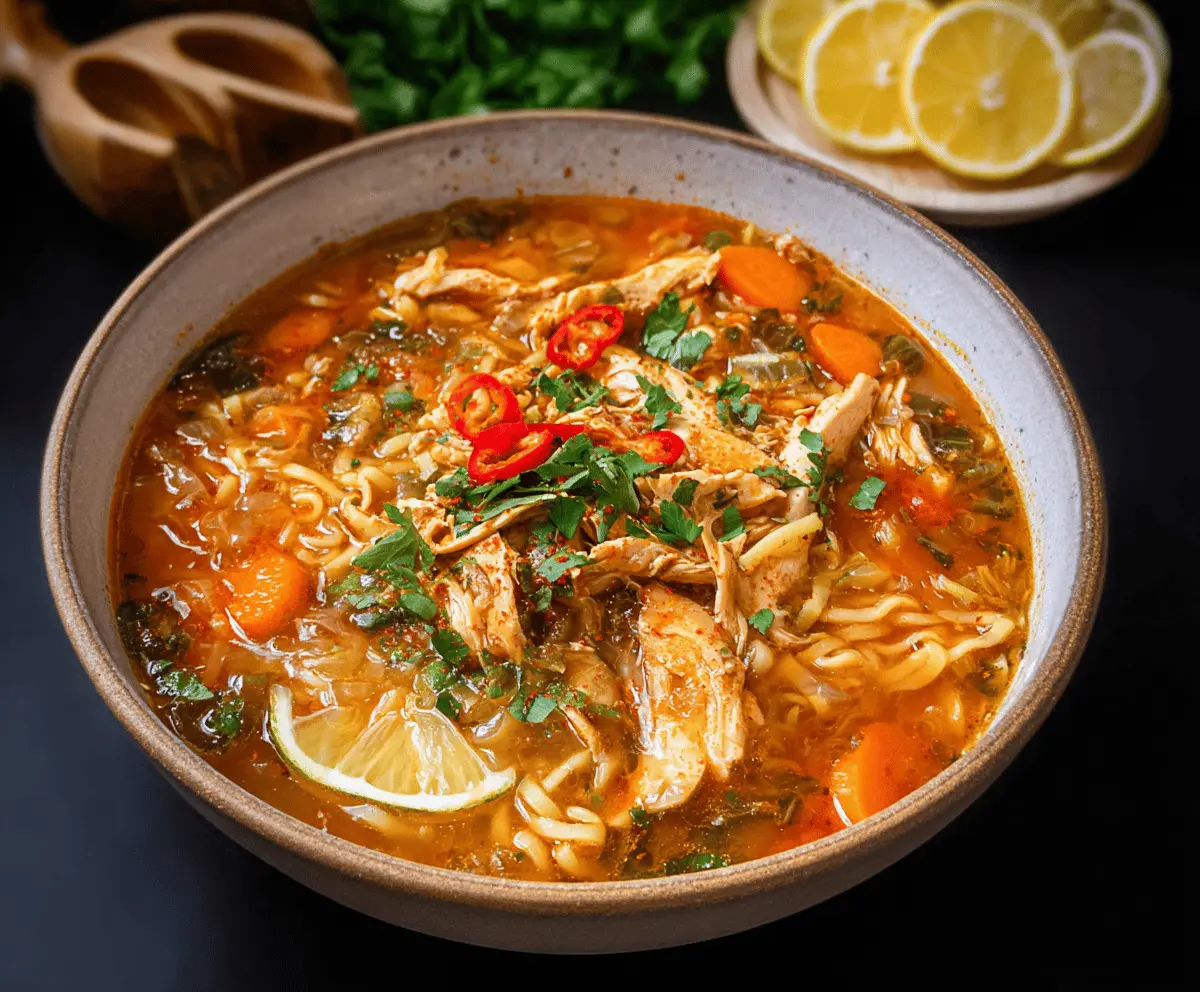 A steaming bowl of spicy chicken noodle soup with sliced chicken, vegetables, and garnished with herbs, showcasing a flavorful and comforting Asian-inspired dish.