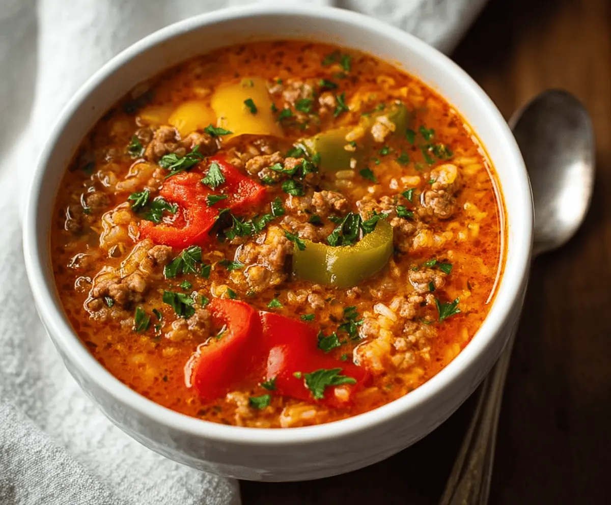 Creamy stuffed bell pepper soup garnished with fresh herbs and topped with shredded cheese in a bowl.