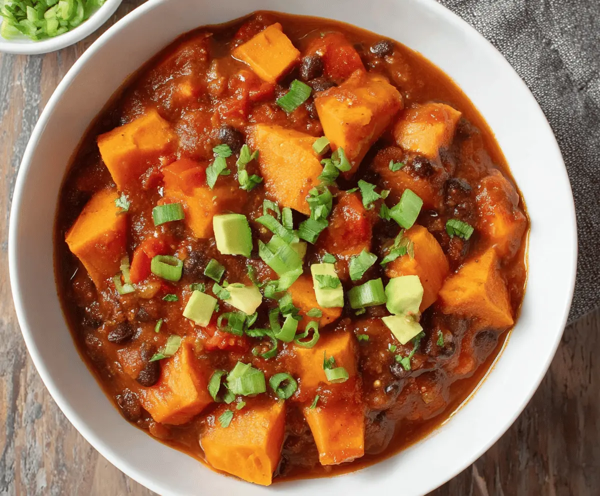 A bowl of hearty sweet potato chili garnished with fresh herbs and topped with sour cream, served with crusty bread on the side.