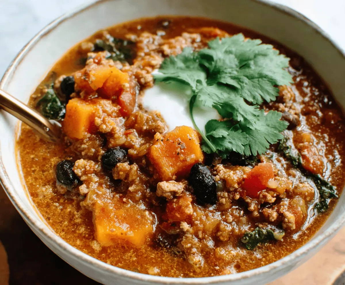 A hearty bowl of sweet potato turkey chili garnished with fresh cilantro and diced onions, served with a side of crusty bread.