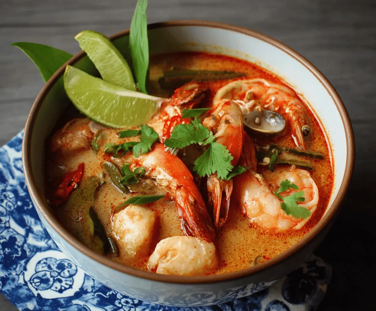 Spicy and tangy Thai Tom Yum Soup with shrimp, mushrooms, lemongrass, chili peppers, and fresh herbs in a bowl
