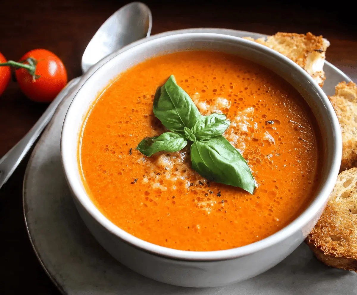 Creamy tomato basil soup garnished with fresh basil leaves in a white bowl, served with bread on a rustic wooden table.