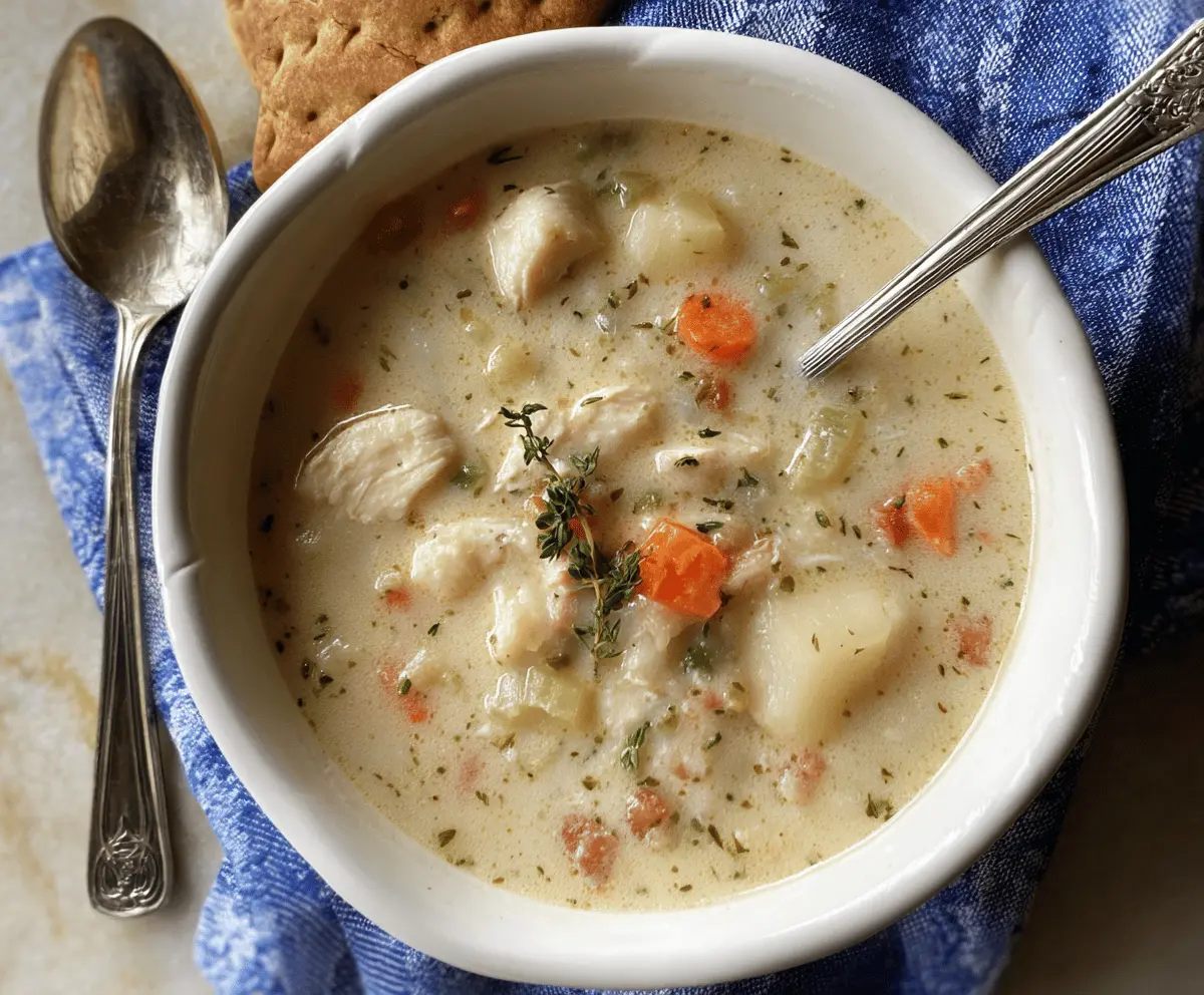 Creamy Turkey Potato Soup in a bowl topped with fresh herbs, featuring chunks of turkey, potatoes, and vegetables for a hearty, comforting meal.
