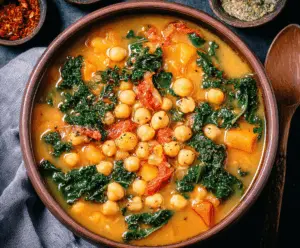 A steaming bowl of Tuscan Chickpea Soup garnished with fresh herbs, featuring creamy chickpeas, vegetables, and herbs in a rustic ceramic bowl.