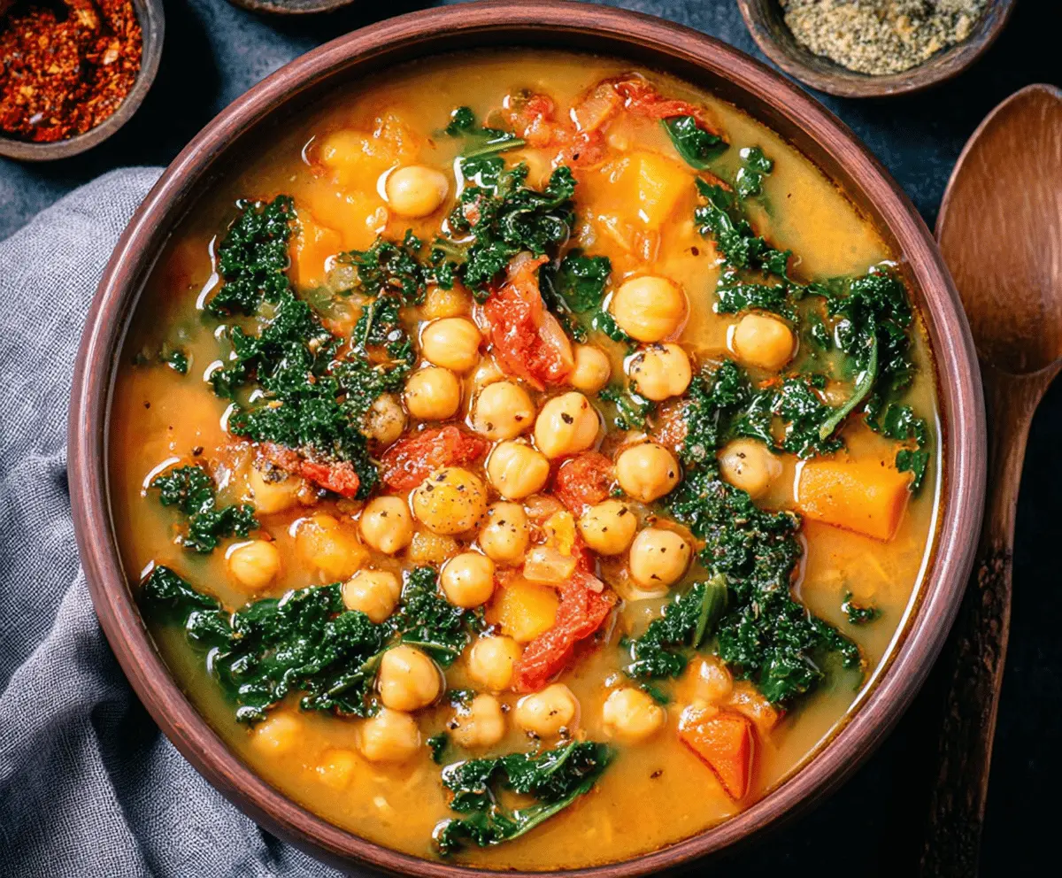A steaming bowl of Tuscan Chickpea Soup garnished with fresh herbs, featuring creamy chickpeas, vegetables, and herbs in a rustic ceramic bowl.