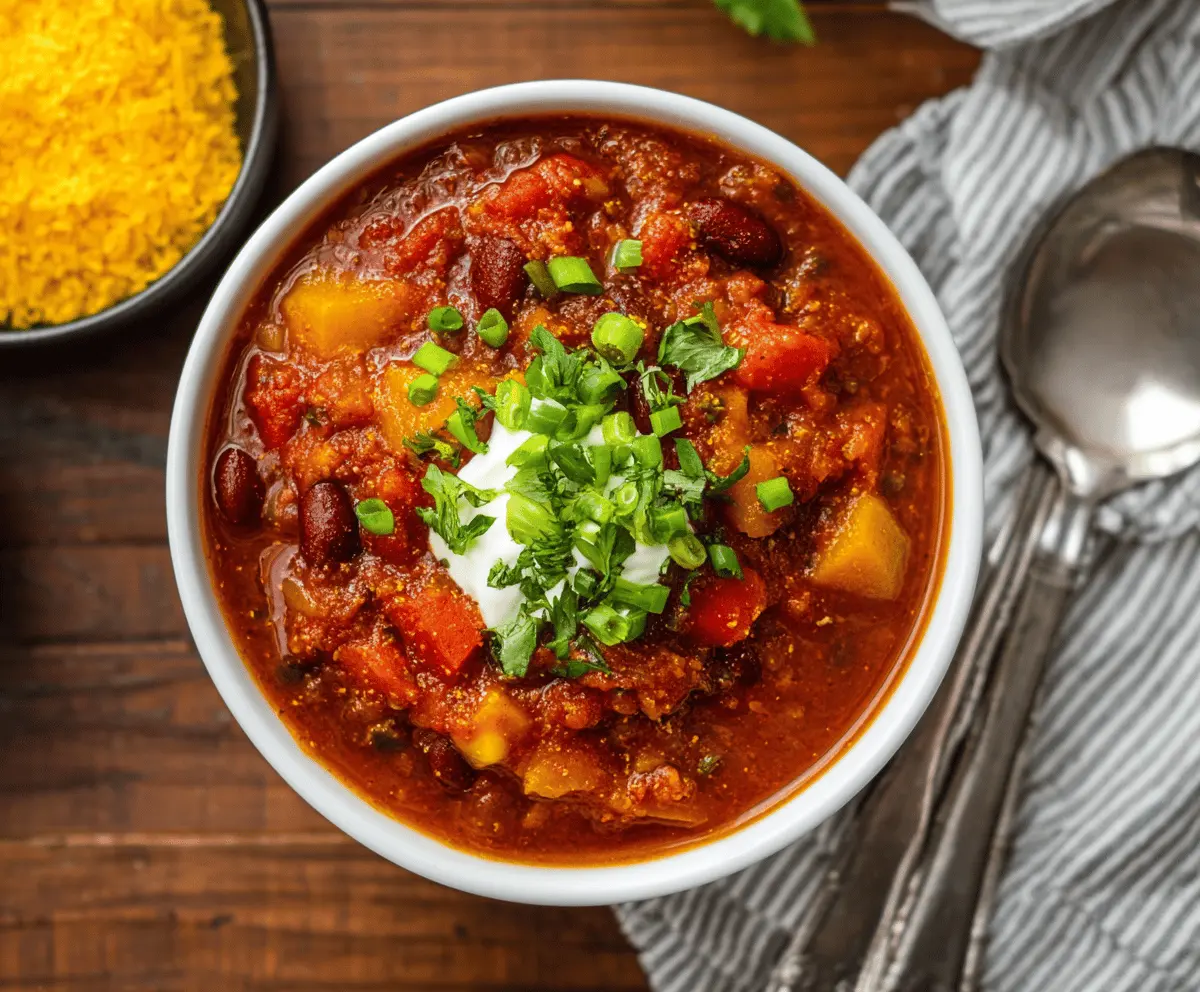 A vibrant bowl of vegan chili topped with fresh cilantro and diced vegetables, served with cornbread on the side.