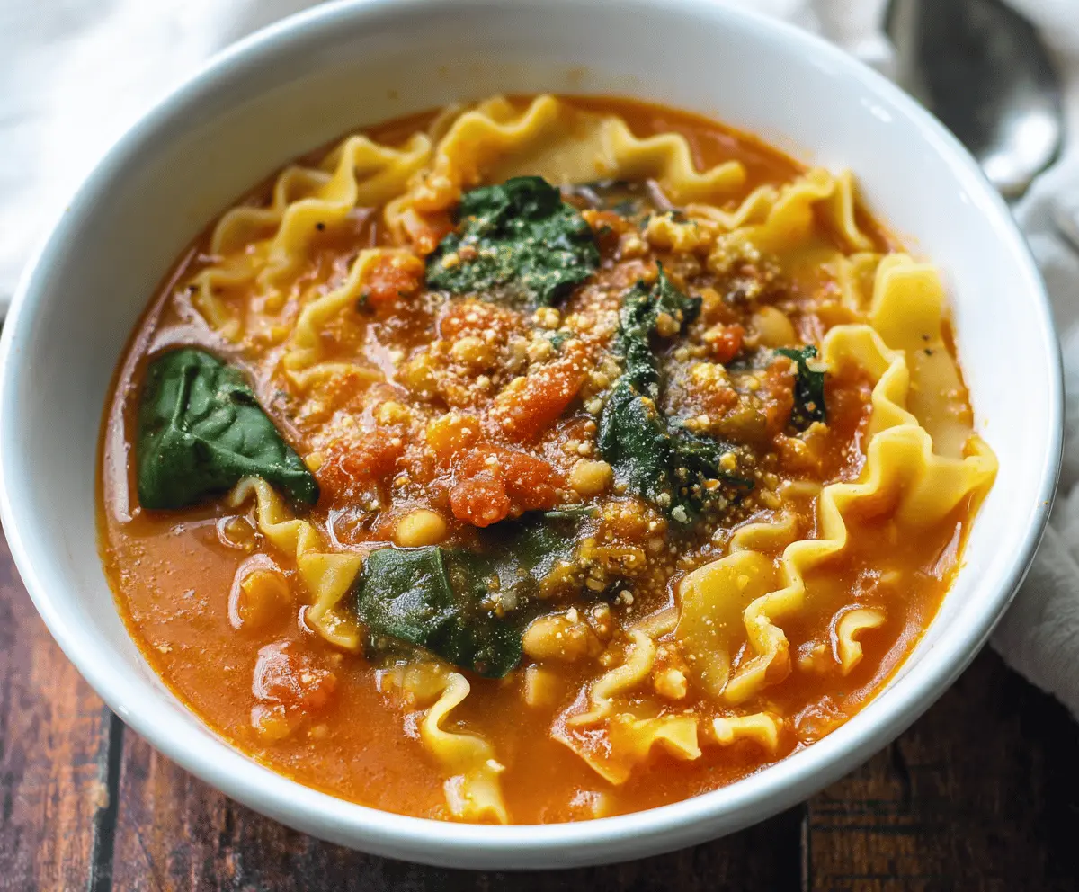 Delicious vegan lasagna soup in a bowl with melted plant-based cheese, fresh basil, and colorful vegetables, served with toasted bread on the side.