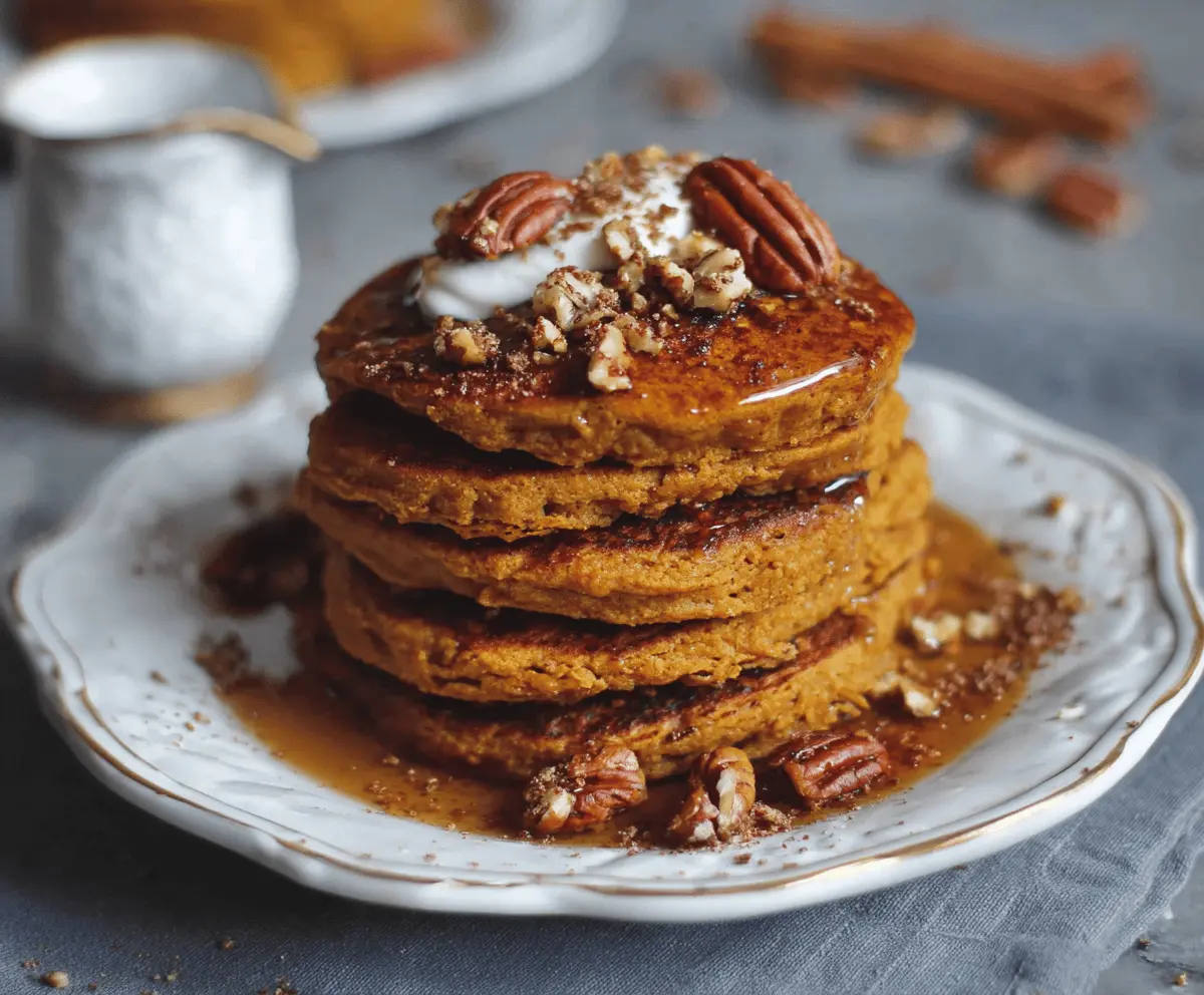 Vegan pumpkin pancakes topped with maple syrup and fresh berries on a white plate, served for breakfast.