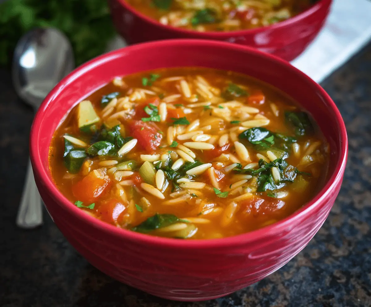 A steaming bowl of vegetable orzo soup featuring colorful diced vegetables, tender orzo pasta, and fresh herbs in a clear broth, perfect for a healthy, comforting meal.
